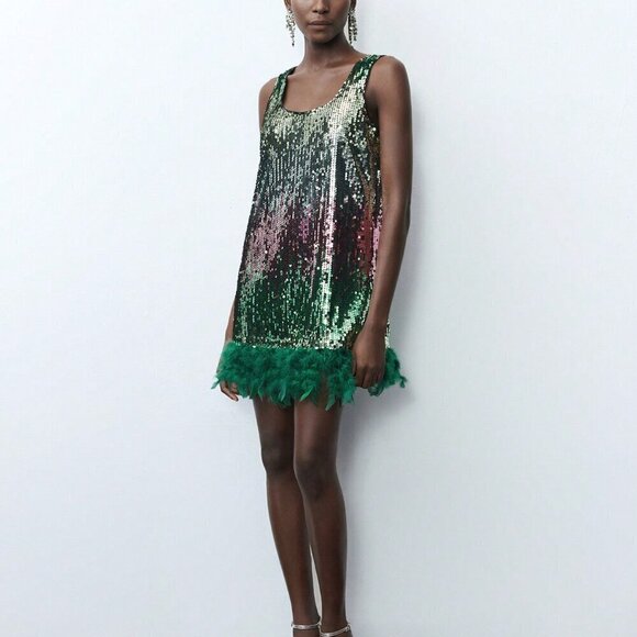Green Party Women's Sleeveless Gradient Sequin Embellished Feather Mini Dress - Picture 8 of 8